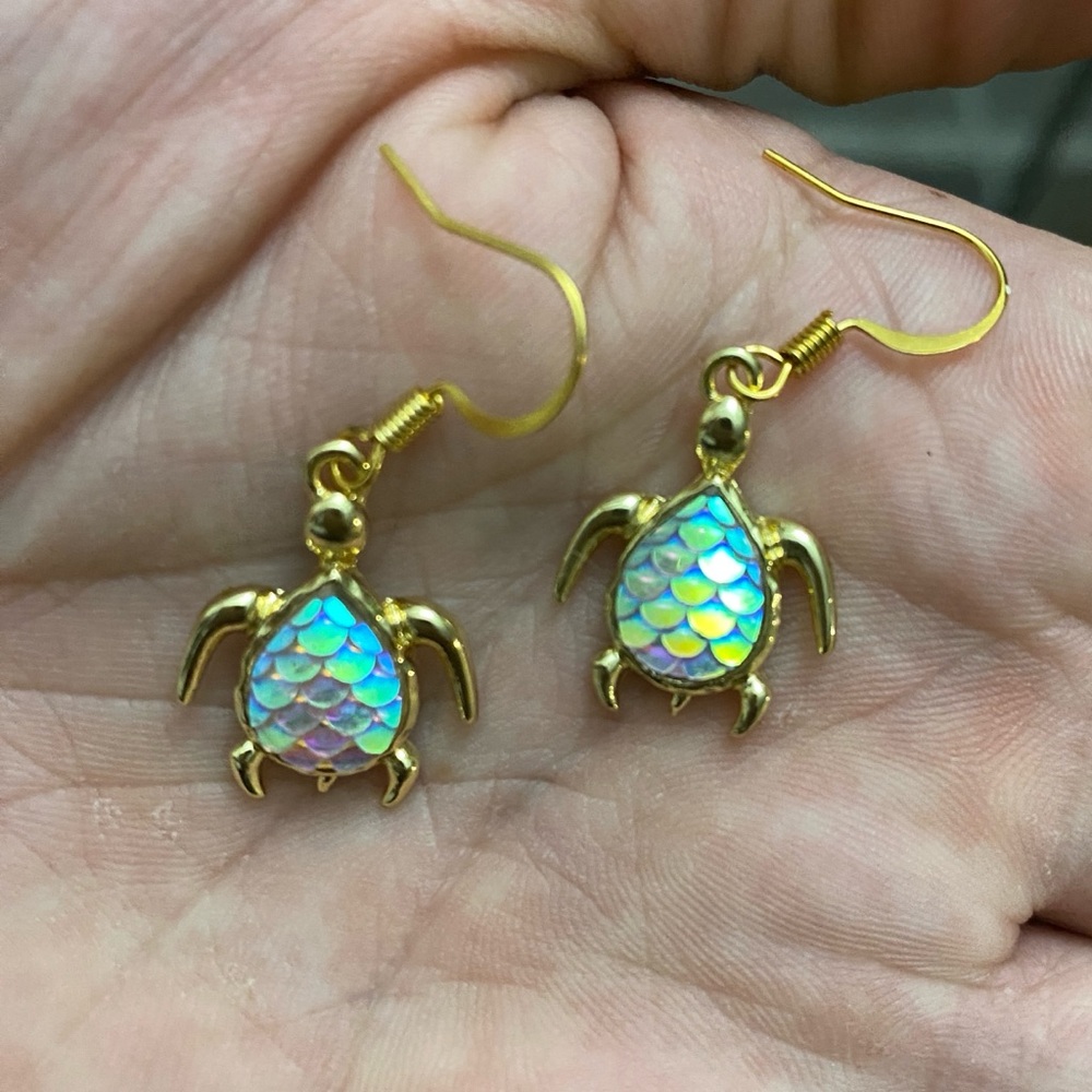 Gold Turtle Earrings with Iridescent Accents